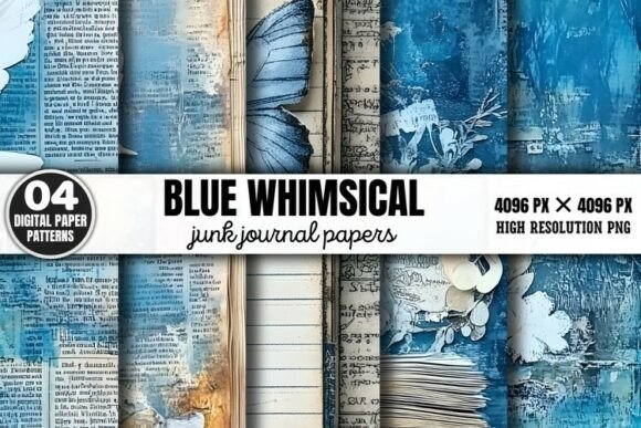 Blue Whimsical Paper Junk Journal Patter: A Creative Canvas for Digital and Physical Projects