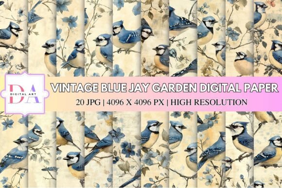 Vintage Blue Jay Garden Digital Paper: Elevate Your Creative Projects with Timeless Elegance